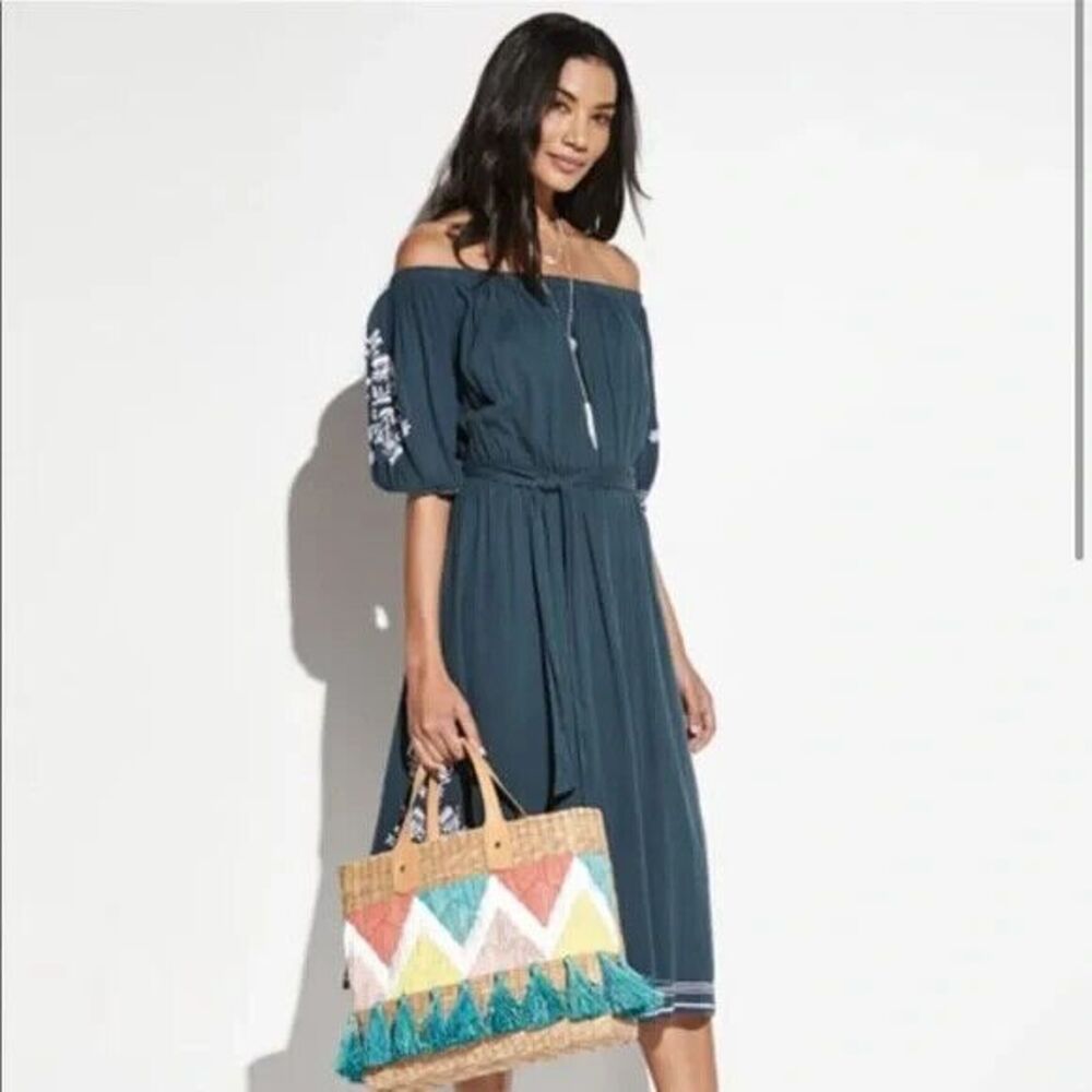 TULAROSA Womens Dress Small Teal Pullover Midi Embroidered Belted Peasant